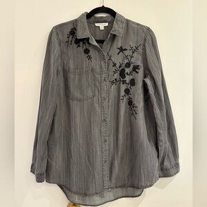 beachlunchlounge Charcoal Button Down Shirt with Black Floral Embroidery